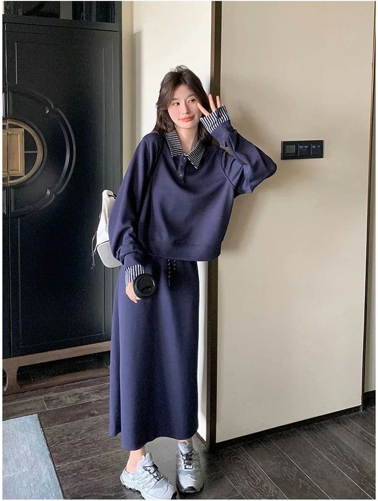 빅 사이즈 여성 의류 지방 mm 한국 스타일 폴로 칼라 페이크 레이어드 긴팔 후드티 반신 스커트 가을 슬림해 보이는 패션 세트 상세 이미지 6