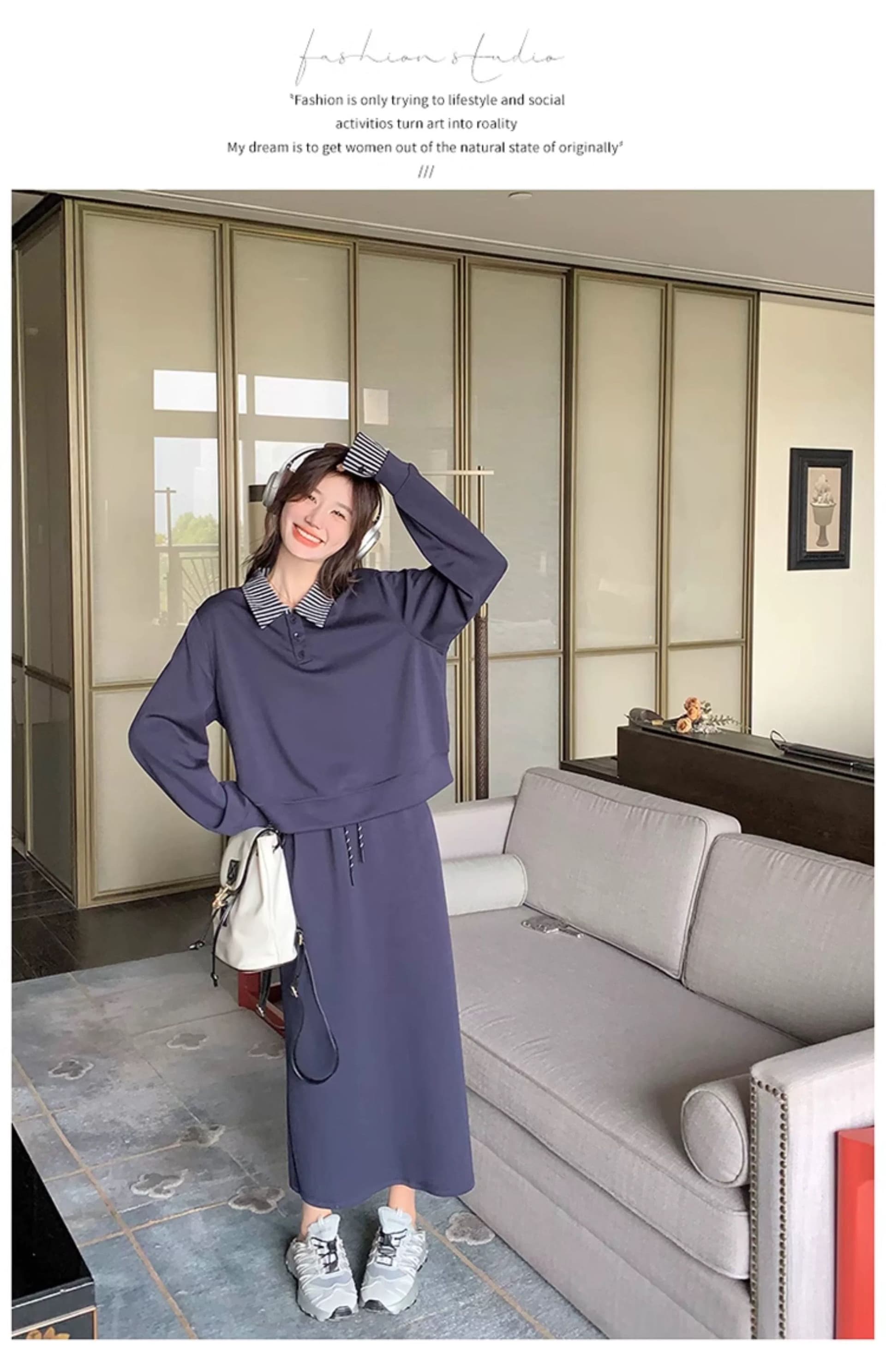 빅 사이즈 여성 의류 지방 mm 한국 스타일 폴로 칼라 페이크 레이어드 긴팔 후드티 반신 스커트 가을 슬림해 보이는 패션 세트 상세 이미지 8