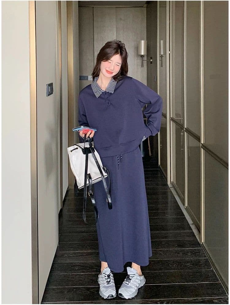 빅 사이즈 여성 의류 지방 mm 한국 스타일 폴로 칼라 페이크 레이어드 긴팔 후드티 반신 스커트 가을 슬림해 보이는 패션 세트 상세 이미지 9