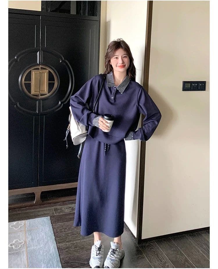 빅 사이즈 여성 의류 지방 mm 한국 스타일 폴로 칼라 페이크 레이어드 긴팔 후드티 반신 스커트 가을 슬림해 보이는 패션 세트 상세 이미지 10