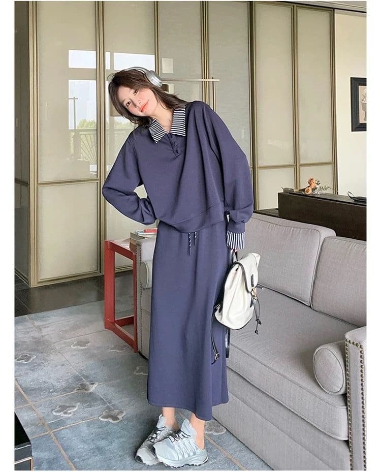 빅 사이즈 여성 의류 지방 mm 한국 스타일 폴로 칼라 페이크 레이어드 긴팔 후드티 반신 스커트 가을 슬림해 보이는 패션 세트 상세 이미지 11