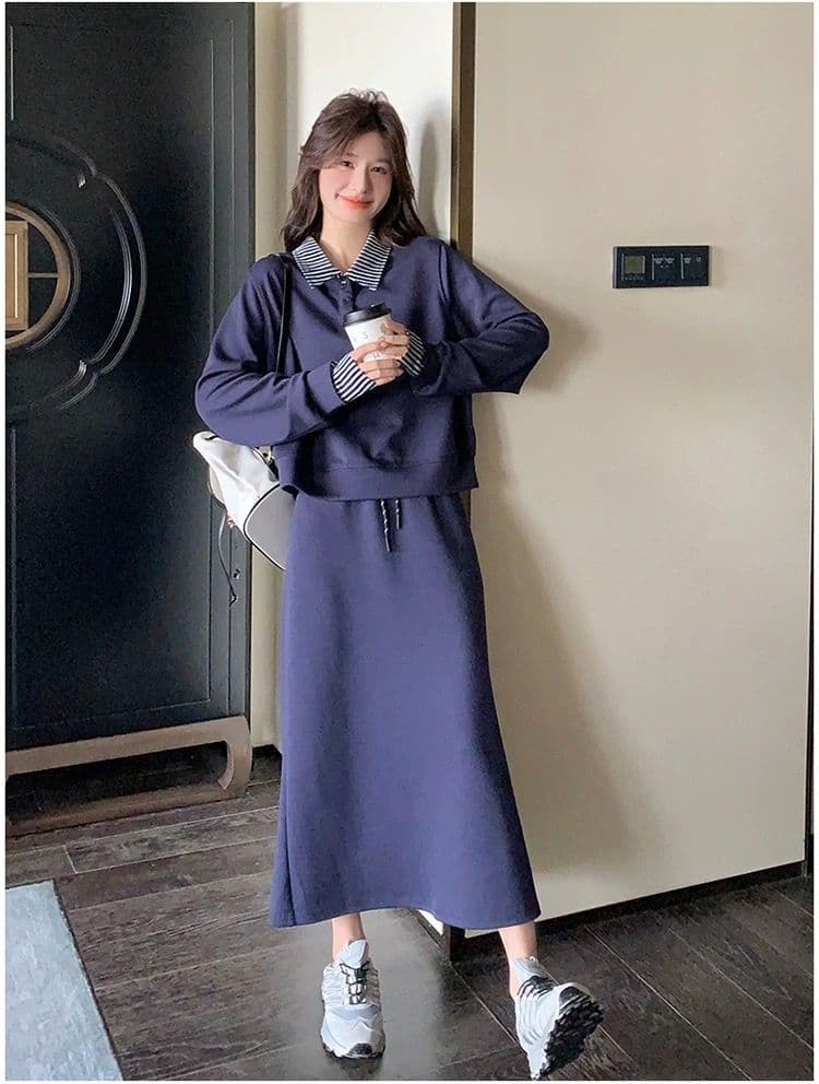 빅 사이즈 여성 의류 지방 mm 한국 스타일 폴로 칼라 페이크 레이어드 긴팔 후드티 반신 스커트 가을 슬림해 보이는 패션 세트 상세 이미지 12