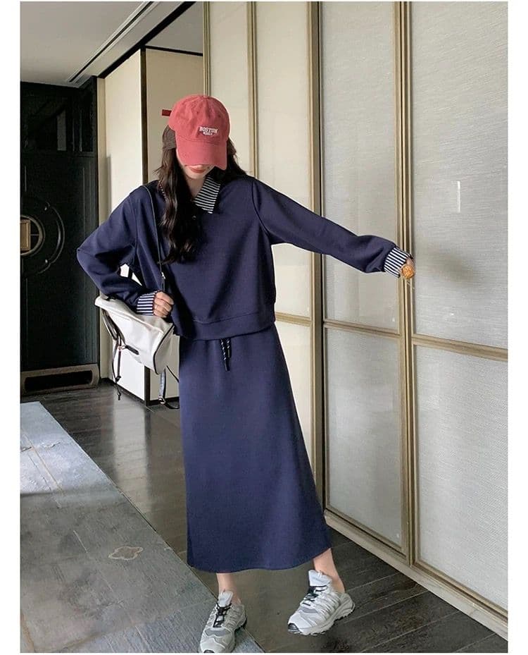 빅 사이즈 여성 의류 지방 mm 한국 스타일 폴로 칼라 페이크 레이어드 긴팔 후드티 반신 스커트 가을 슬림해 보이는 패션 세트 상세 이미지 16