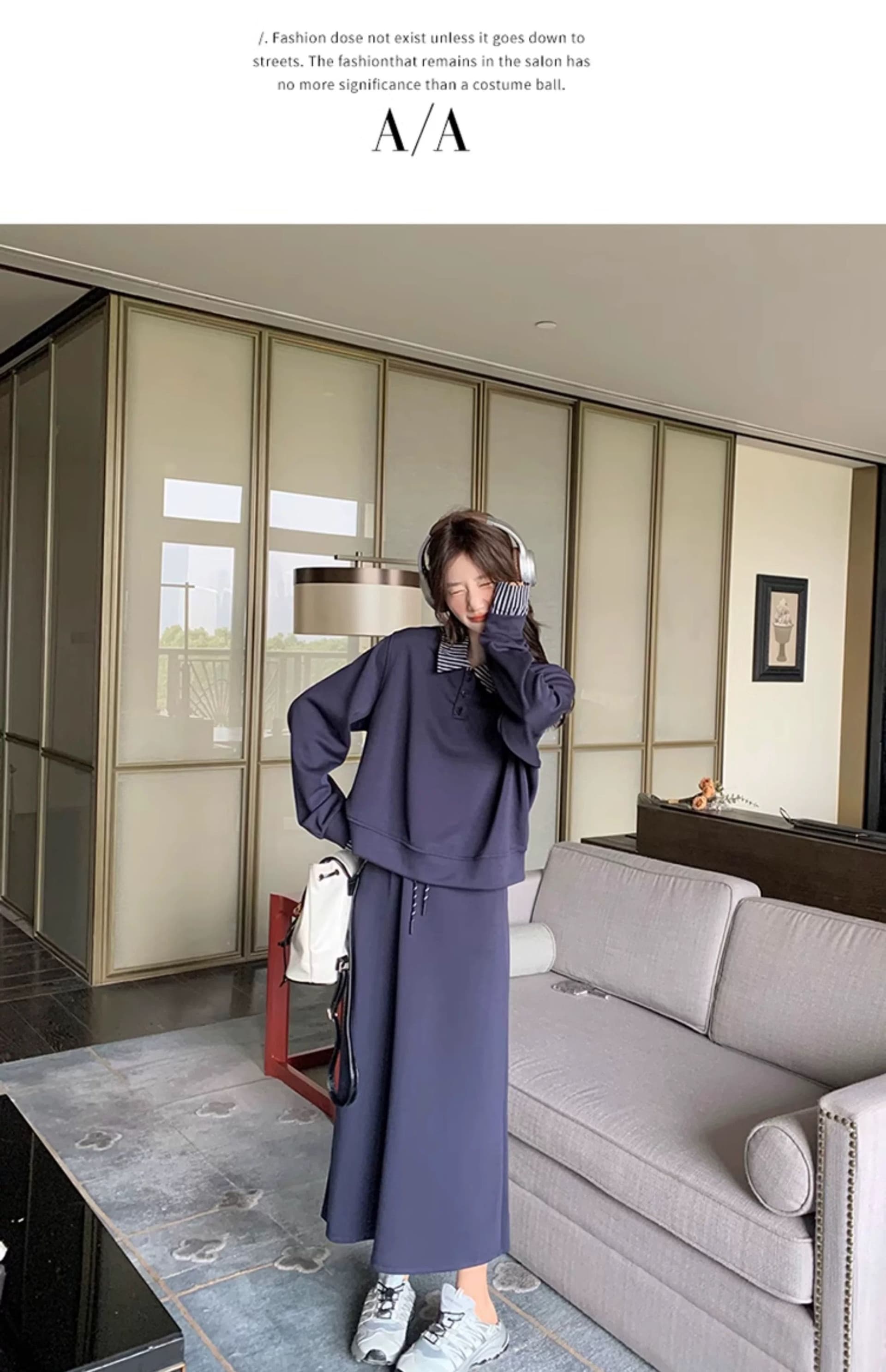 빅 사이즈 여성 의류 지방 mm 한국 스타일 폴로 칼라 페이크 레이어드 긴팔 후드티 반신 스커트 가을 슬림해 보이는 패션 세트 상세 이미지 17