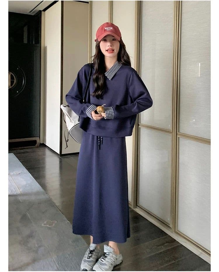 빅 사이즈 여성 의류 지방 mm 한국 스타일 폴로 칼라 페이크 레이어드 긴팔 후드티 반신 스커트 가을 슬림해 보이는 패션 세트 상세 이미지 18