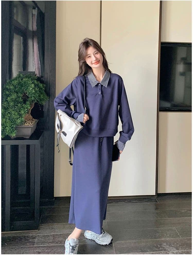 빅 사이즈 여성 의류 지방 mm 한국 스타일 폴로 칼라 페이크 레이어드 긴팔 후드티 반신 스커트 가을 슬림해 보이는 패션 세트 상세 이미지 20