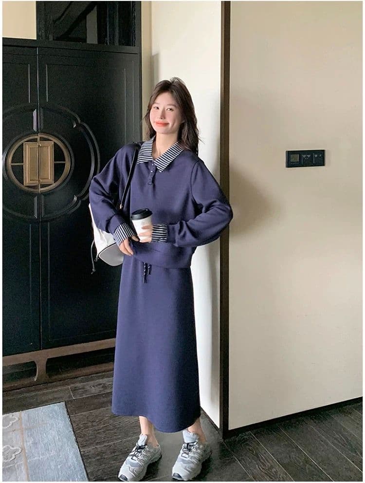 빅 사이즈 여성 의류 지방 mm 한국 스타일 폴로 칼라 페이크 레이어드 긴팔 후드티 반신 스커트 가을 슬림해 보이는 패션 세트 상세 이미지 21