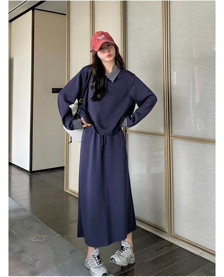 빅 사이즈 여성 의류 지방 mm 한국 스타일 폴로 칼라 페이크 레이어드 긴팔 후드티 반신 스커트 가을 슬림해 보이는 패션 세트 상세 이미지 22