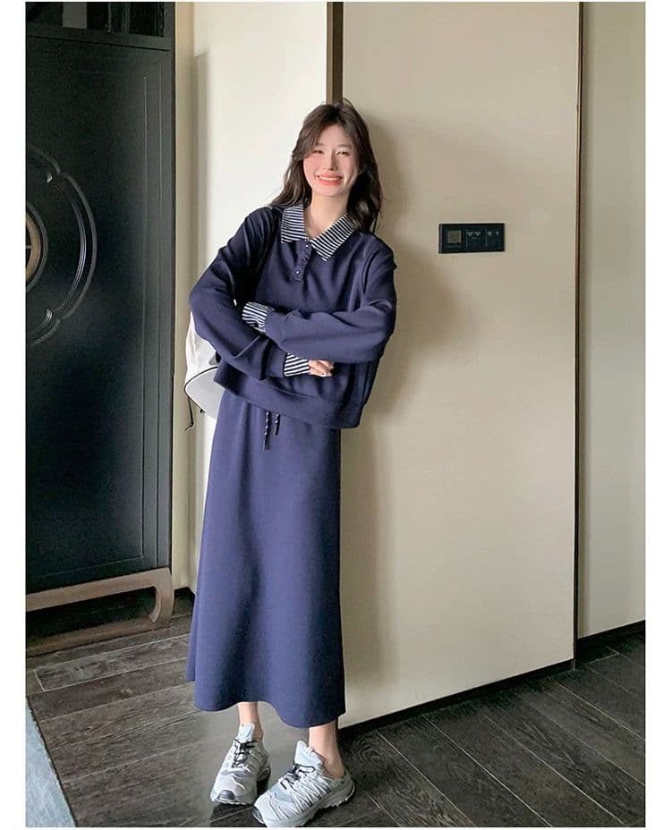 빅 사이즈 여성 의류 지방 mm 한국 스타일 폴로 칼라 페이크 레이어드 긴팔 후드티 반신 스커트 가을 슬림해 보이는 패션 세트 상세 이미지 23