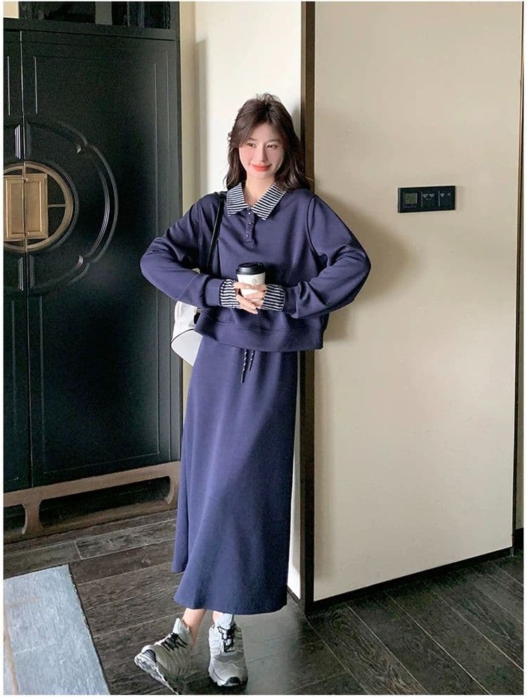 빅 사이즈 여성 의류 지방 mm 한국 스타일 폴로 칼라 페이크 레이어드 긴팔 후드티 반신 스커트 가을 슬림해 보이는 패션 세트 상세 이미지 26