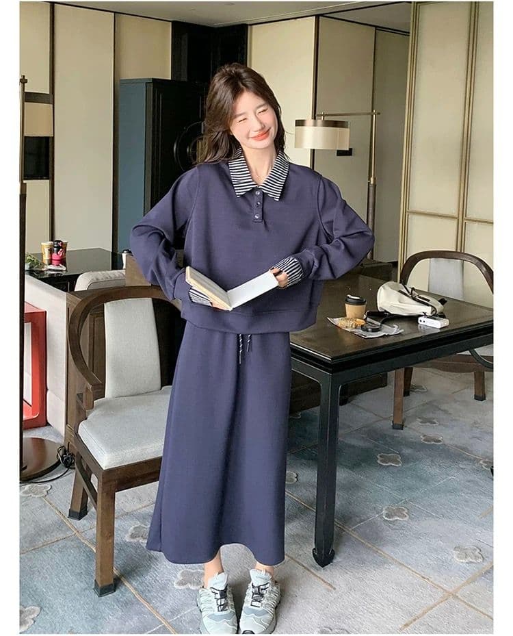 빅 사이즈 여성 의류 지방 mm 한국 스타일 폴로 칼라 페이크 레이어드 긴팔 후드티 반신 스커트 가을 슬림해 보이는 패션 세트 상세 이미지 27