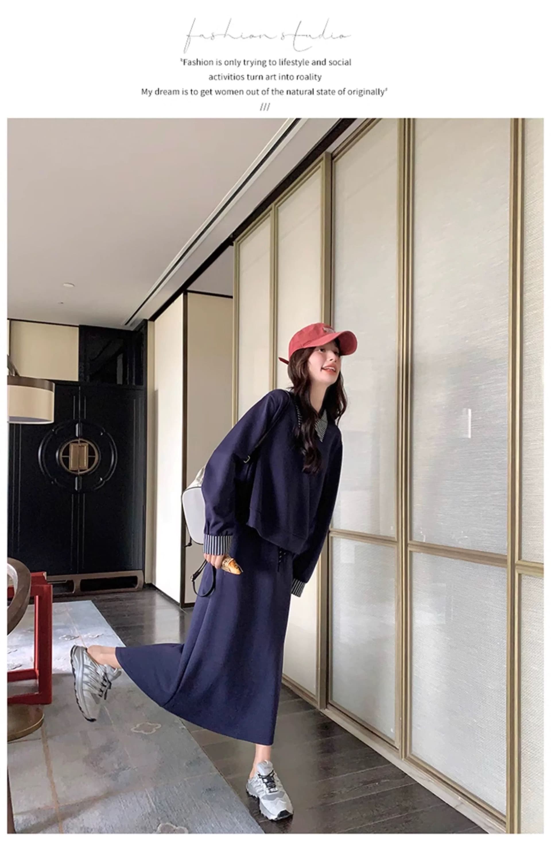 빅 사이즈 여성 의류 지방 mm 한국 스타일 폴로 칼라 페이크 레이어드 긴팔 후드티 반신 스커트 가을 슬림해 보이는 패션 세트 상세 이미지 28