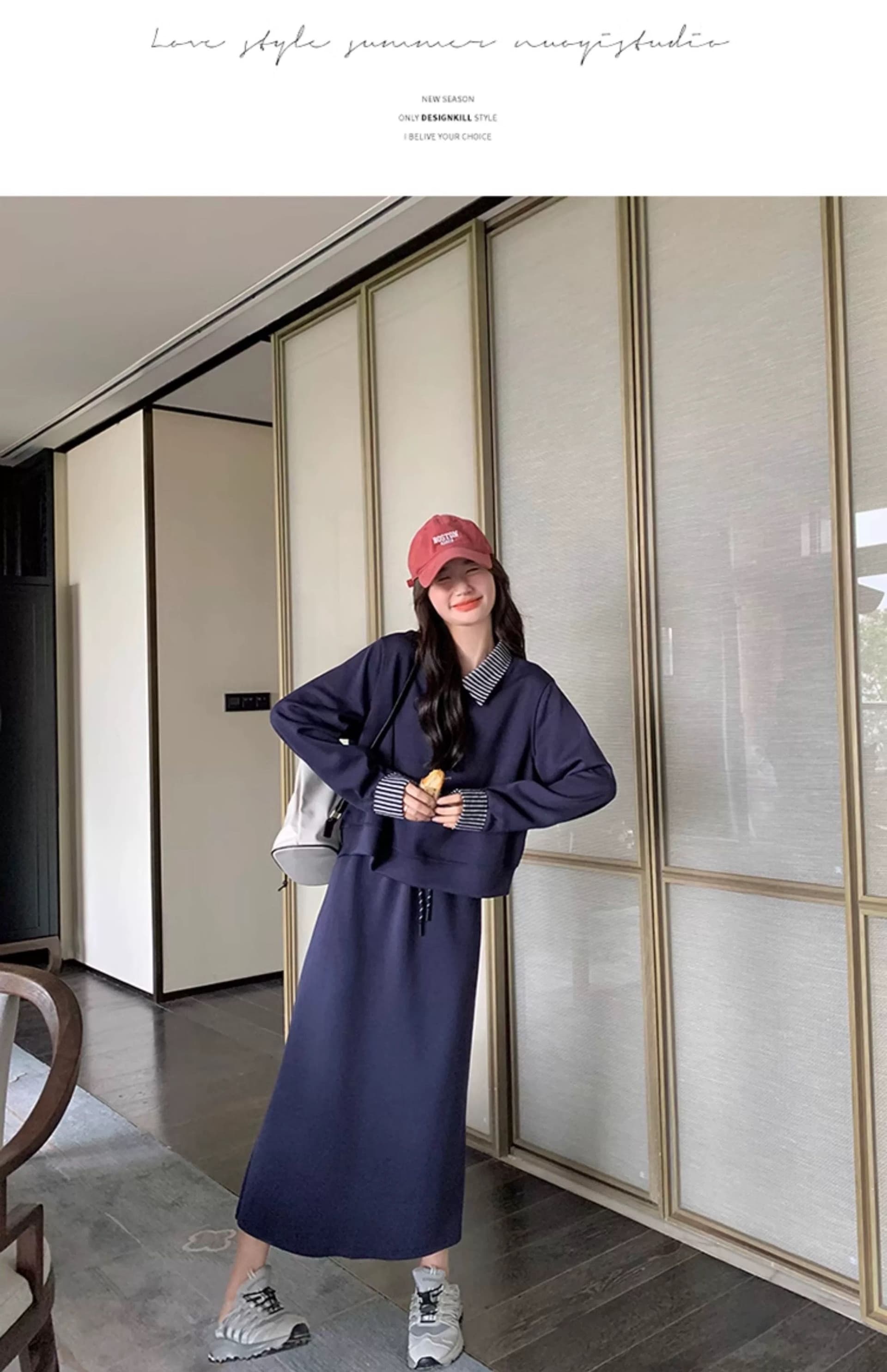 빅 사이즈 여성 의류 지방 mm 한국 스타일 폴로 칼라 페이크 레이어드 긴팔 후드티 반신 스커트 가을 슬림해 보이는 패션 세트 상세 이미지 29