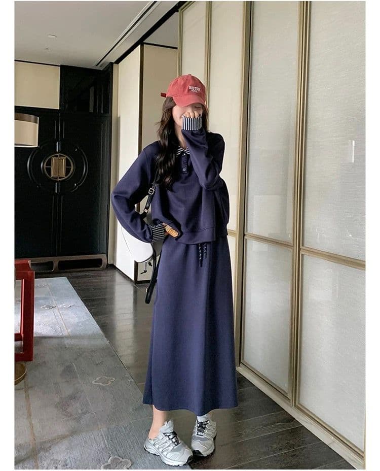 빅 사이즈 여성 의류 지방 mm 한국 스타일 폴로 칼라 페이크 레이어드 긴팔 후드티 반신 스커트 가을 슬림해 보이는 패션 세트 상세 이미지 30