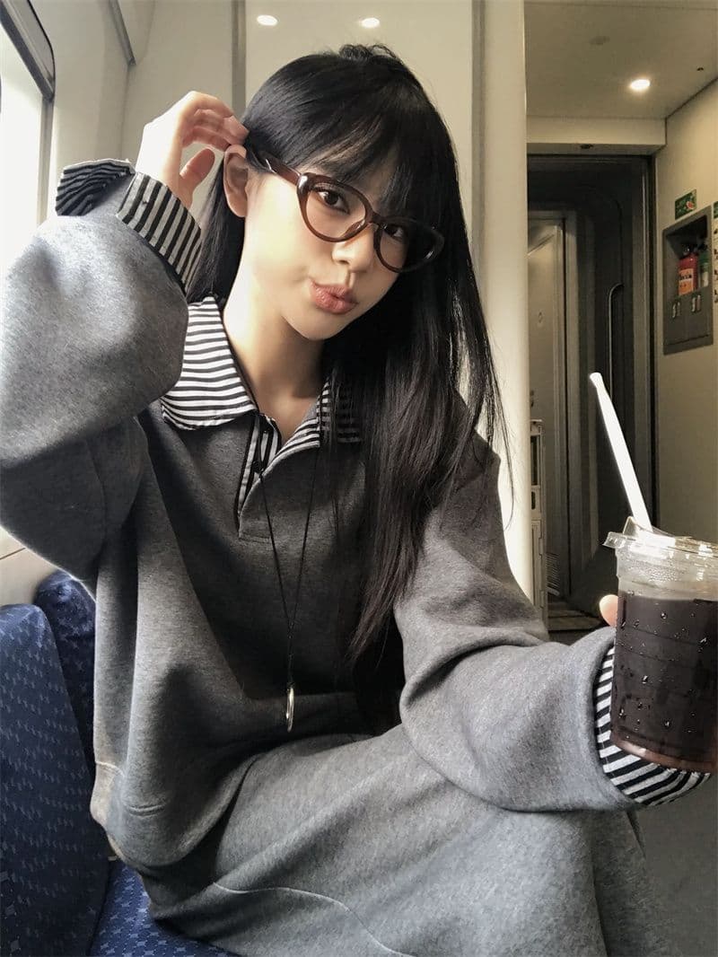 빅 사이즈 여성 의류 지방 mm 한국 스타일 폴로 칼라 페이크 레이어드 긴팔 후드티 반신 스커트 가을 슬림해 보이는 패션 세트 상세 이미지 36