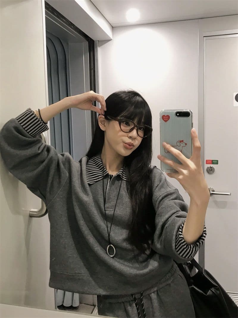 빅 사이즈 여성 의류 지방 mm 한국 스타일 폴로 칼라 페이크 레이어드 긴팔 후드티 반신 스커트 가을 슬림해 보이는 패션 세트 상세 이미지 41