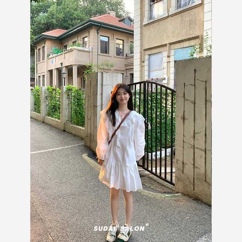 네리 원본 원단 화이트 인형 치마 여성 홀로우 아웃 레이스 루즈핏 치마 가을 의상 프랑스식 드레스 이미지 4