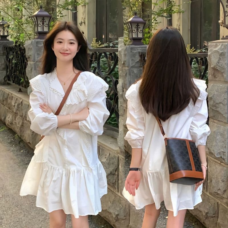 네리 원본 원단 화이트 인형 치마 여성 홀로우 아웃 레이스 루즈핏 치마 가을 의상 프랑스식 드레스
