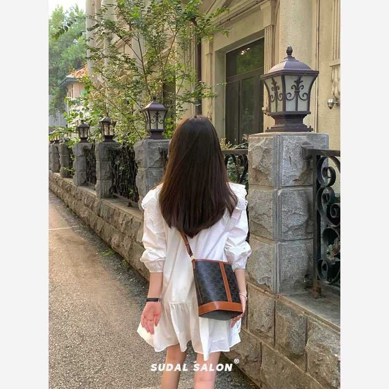 네리 원본 원단 화이트 인형 치마 여성 홀로우 아웃 레이스 루즈핏 치마 가을 의상 프랑스식 드레스 상세 이미지 4