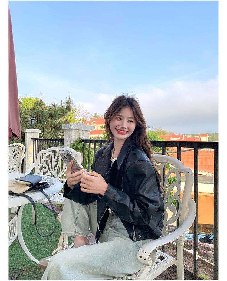 검정색 한 부서 쇼트 스타일 폴로 칼라 가죽 재킷 재킷 여성 코트 가을 2026 새로운 로얄 자매 튀김 거리 품격 오토바이 서비스 상세 이미지 11