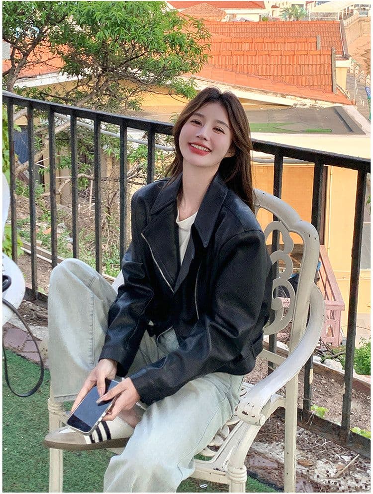 검정색 한 부서 쇼트 스타일 폴로 칼라 가죽 재킷 재킷 여성 코트 가을 2026 새로운 로얄 자매 튀김 거리 품격 오토바이 서비스 상세 이미지 14