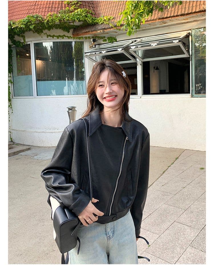 검정색 한 부서 쇼트 스타일 폴로 칼라 가죽 재킷 재킷 여성 코트 가을 2026 새로운 로얄 자매 튀김 거리 품격 오토바이 서비스 상세 이미지 18