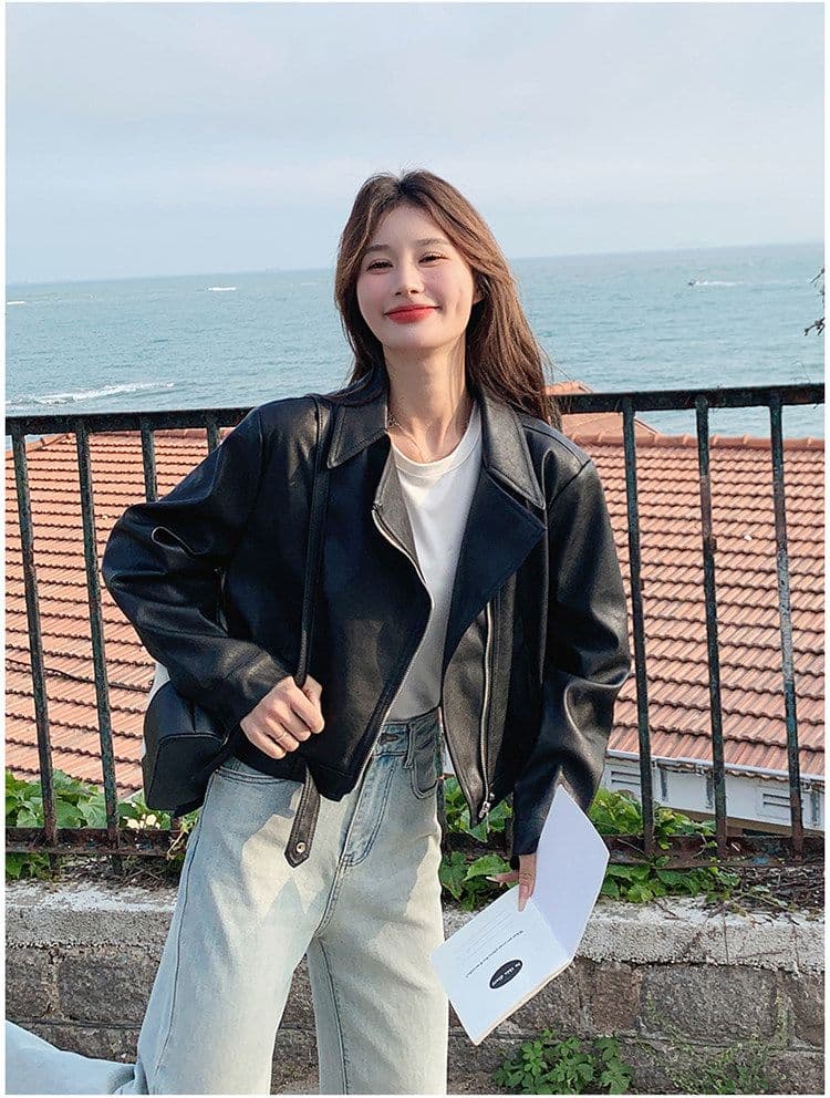 검정색 한 부서 쇼트 스타일 폴로 칼라 가죽 재킷 재킷 여성 코트 가을 2026 새로운 로얄 자매 튀김 거리 품격 오토바이 서비스 상세 이미지 20