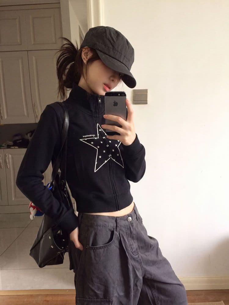 후아 면 복합 프린트 레트로 별 스탠드 칼라 오픈 가디건 후드티 달콤한 차가운 캐주얼 기초 재킷 여성 상세 이미지 1