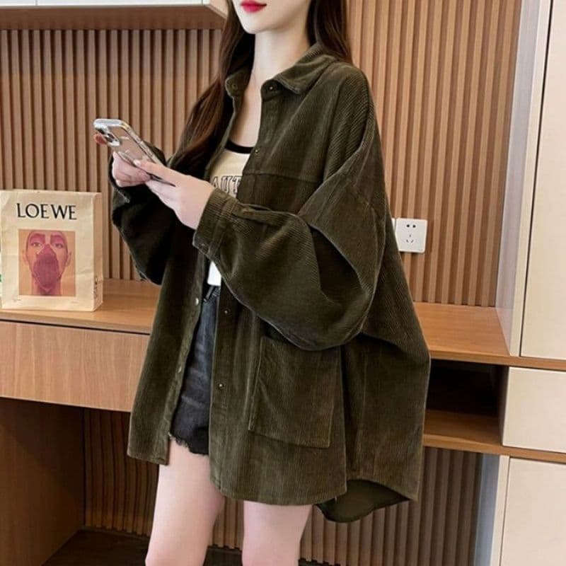 원본 솜씨 유럽 면 벨벳 2026 가을 새로운 느긋한 바람 POLO 칼라 셔츠 주머니 느긋한 바람 재킷 이미지 2