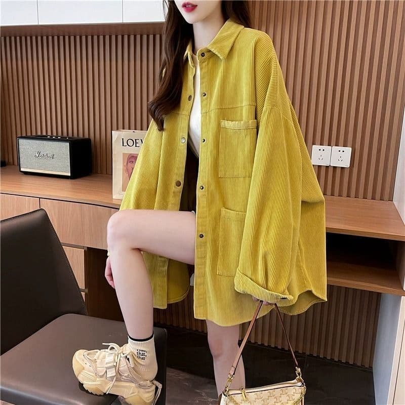 원본 솜씨 유럽 면 벨벳 2026 가을 새로운 느긋한 바람 POLO 칼라 셔츠 주머니 느긋한 바람 재킷 이미지 3