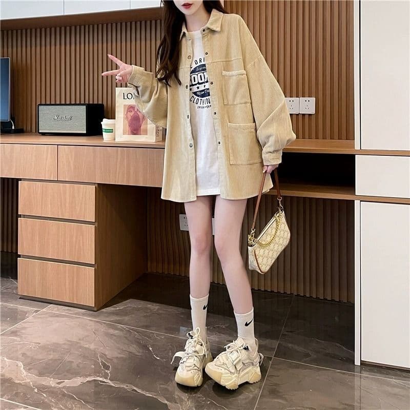 원본 솜씨 유럽 면 벨벳 2026 가을 새로운 느긋한 바람 POLO 칼라 셔츠 주머니 느긋한 바람 재킷 이미지 4