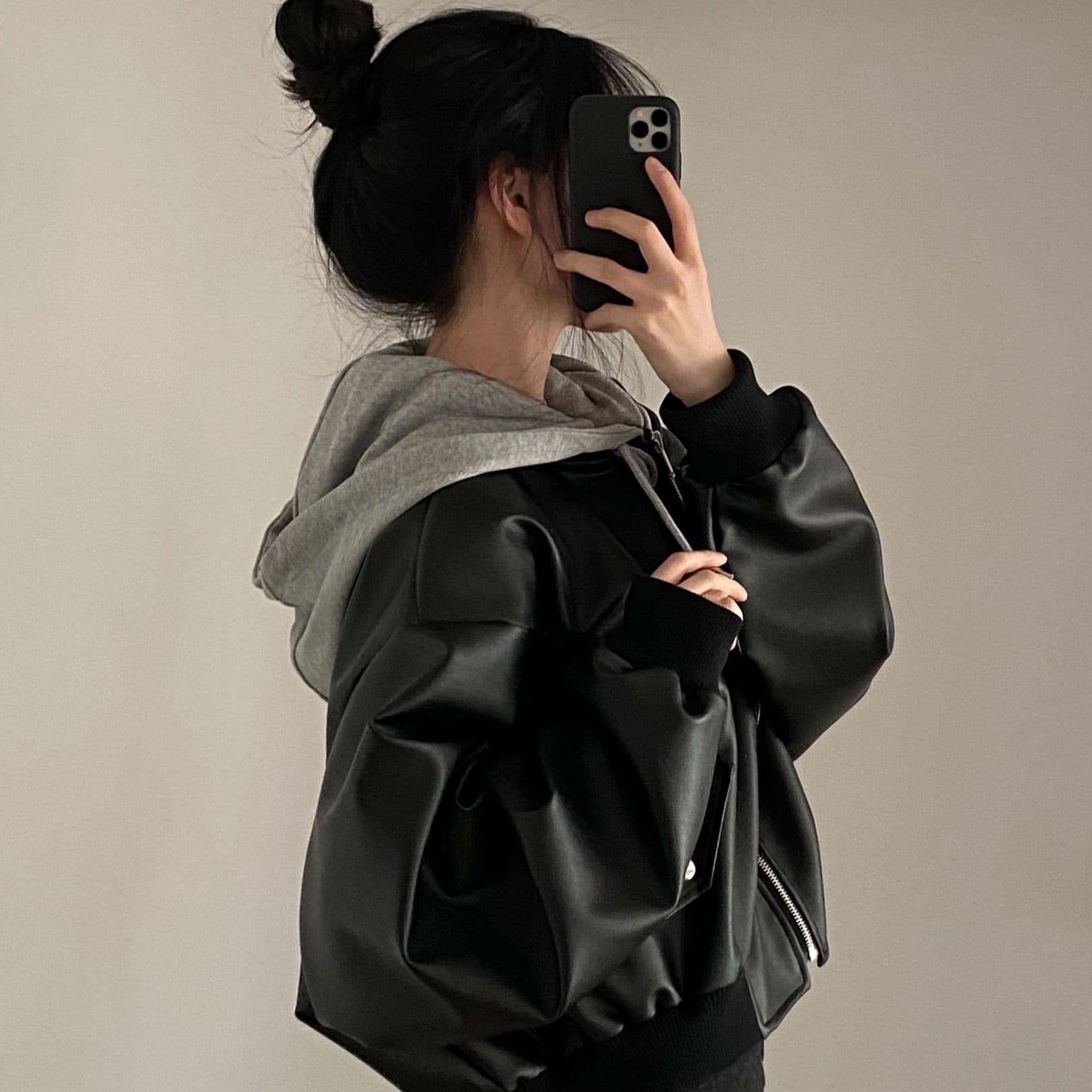 한국 chic 가을 겨울 작은 대중 레트로 지퍼 더블 주머니 캐주얼 루즈핏 다용도 페이크 레이어드 후드 가죽 재킷 재킷 상세 이미지 1