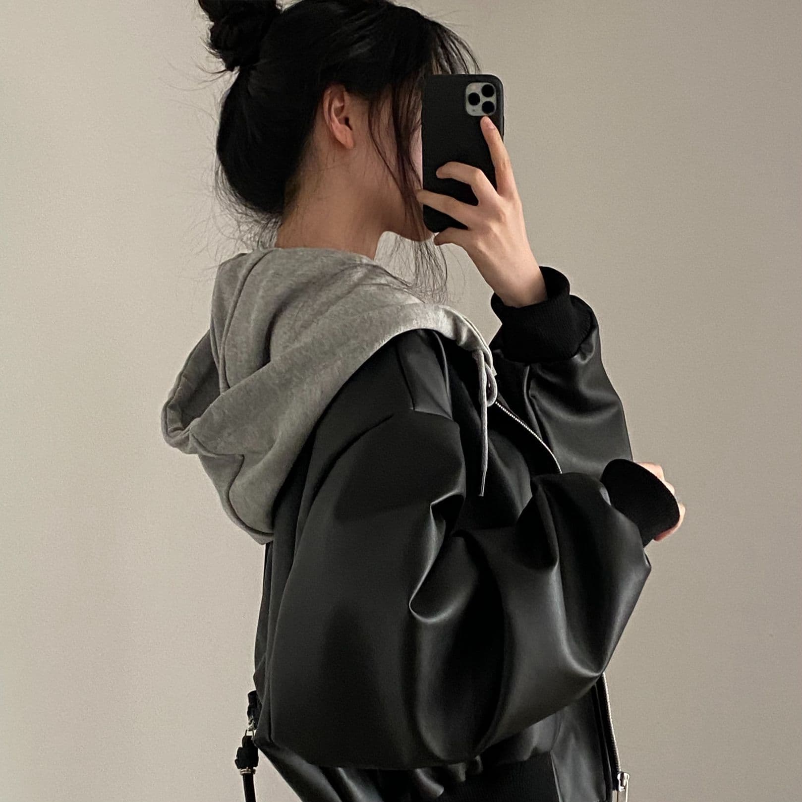 한국 chic 가을 겨울 작은 대중 레트로 지퍼 더블 주머니 캐주얼 루즈핏 다용도 페이크 레이어드 후드 가죽 재킷 재킷 상세 이미지 2