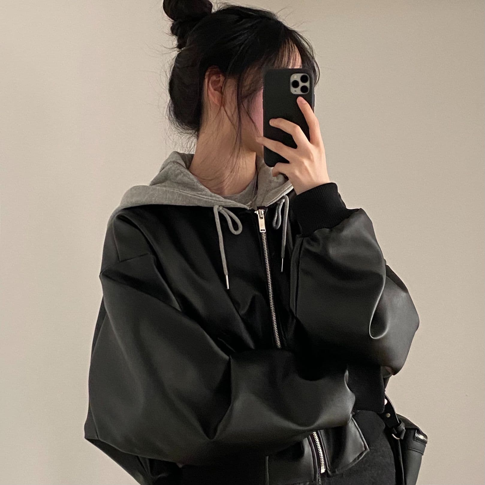 한국 chic 가을 겨울 작은 대중 레트로 지퍼 더블 주머니 캐주얼 루즈핏 다용도 페이크 레이어드 후드 가죽 재킷 재킷 상세 이미지 4