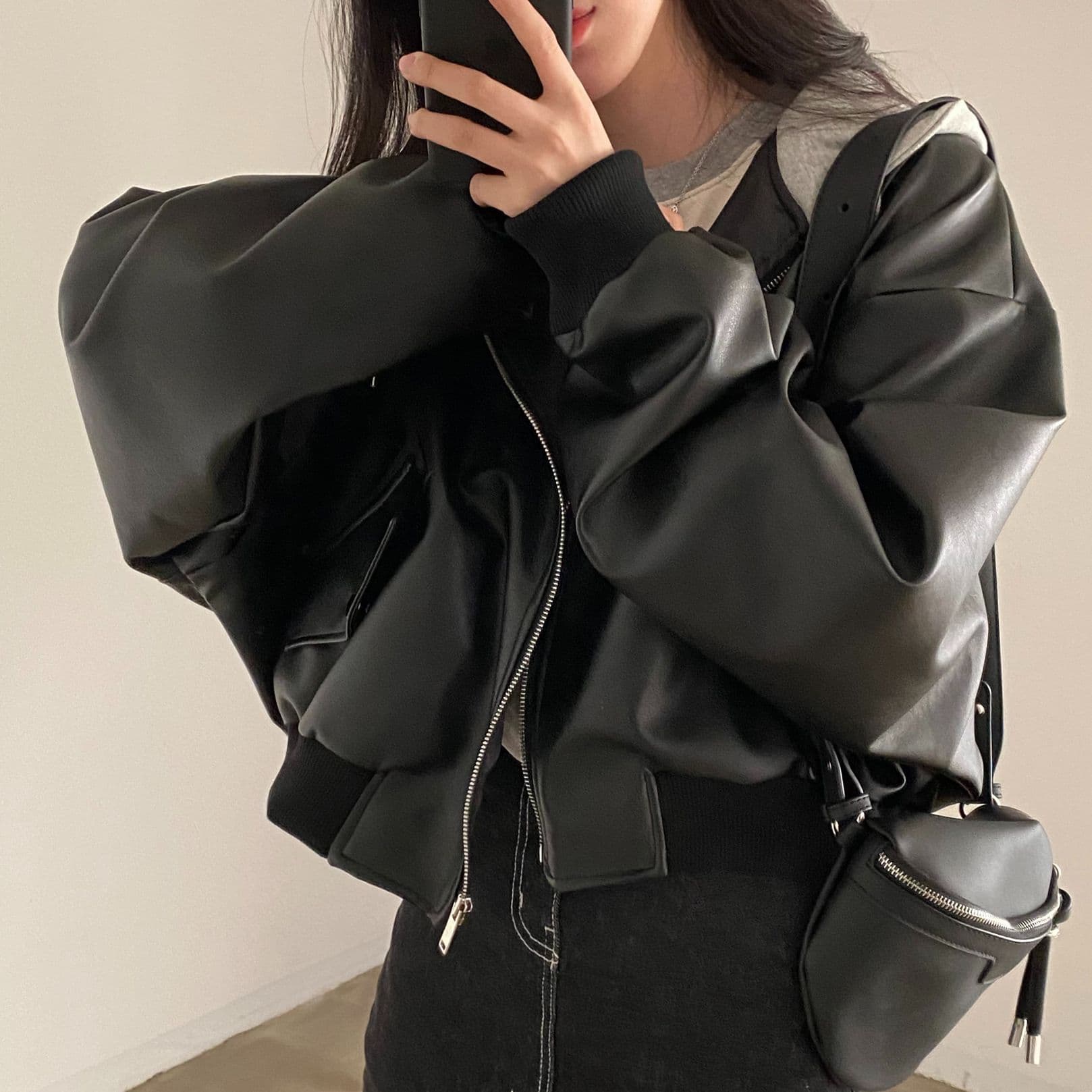 한국 chic 가을 겨울 작은 대중 레트로 지퍼 더블 주머니 캐주얼 루즈핏 다용도 페이크 레이어드 후드 가죽 재킷 재킷 상세 이미지 5