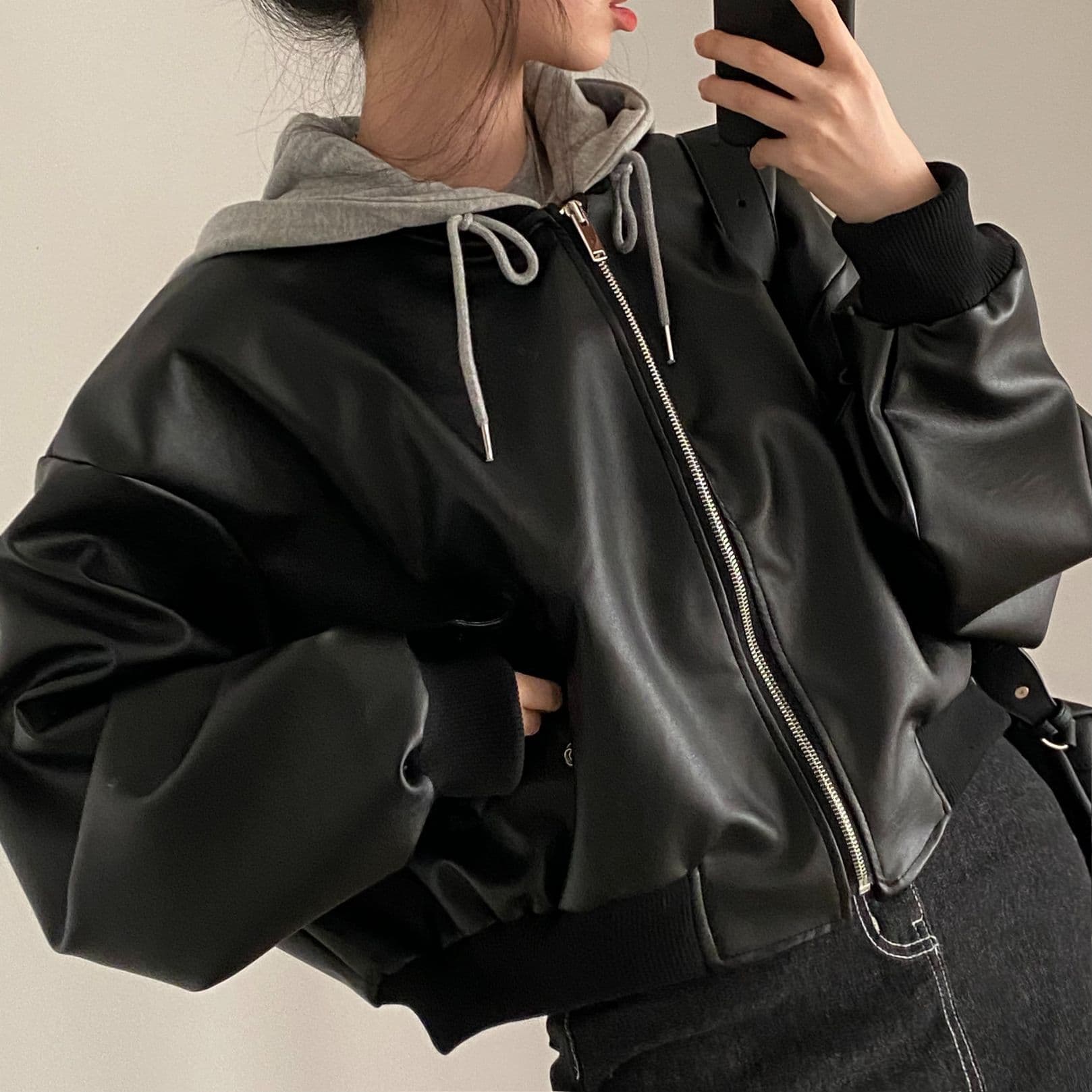 한국 chic 가을 겨울 작은 대중 레트로 지퍼 더블 주머니 캐주얼 루즈핏 다용도 페이크 레이어드 후드 가죽 재킷 재킷 상세 이미지 8