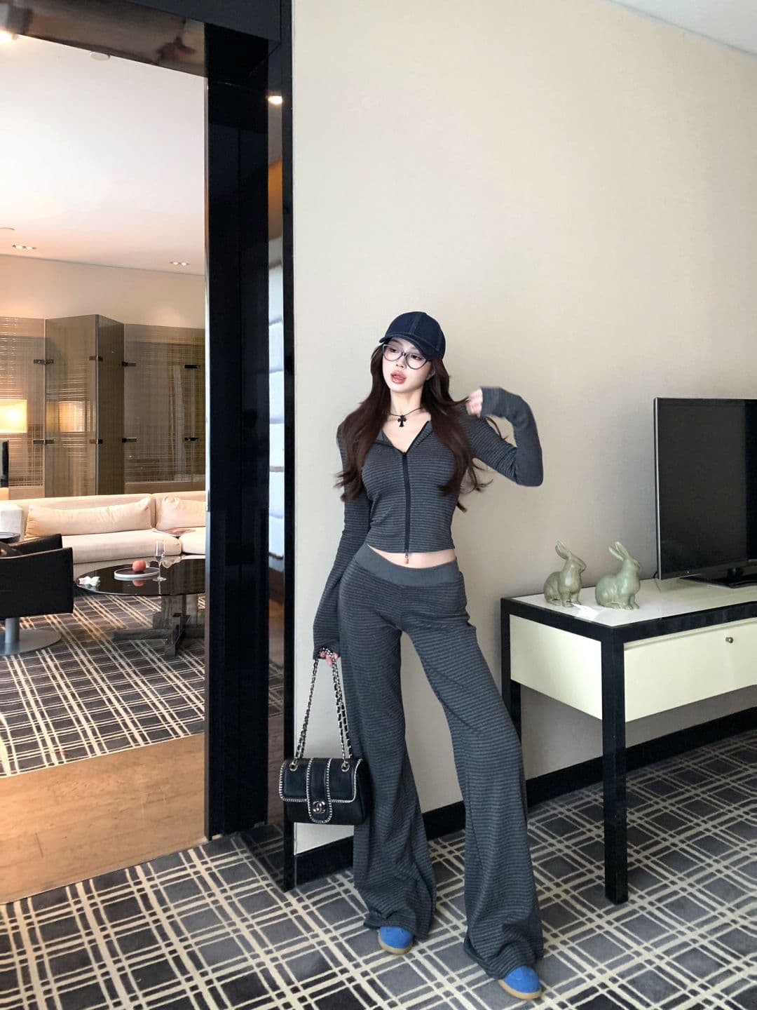 면 컬러 짜임 기사 한 부서 느긋한 바람 가을 캐주얼 세트 여성 후드 스트라이프 후드티 재킷 와이드 레그 팬츠 투피스 세트 이미지 3