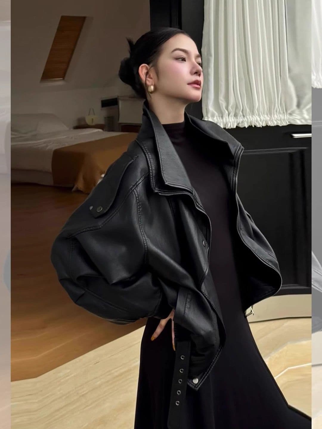 검정색 레트로 오토바이 폴로 칼라 pu 가죽 재킷 여성 코트 차가운 바람의 소리 바람 폭발 2025 봄 가을 새로운 가죽 자켓 맨위 이미지 4