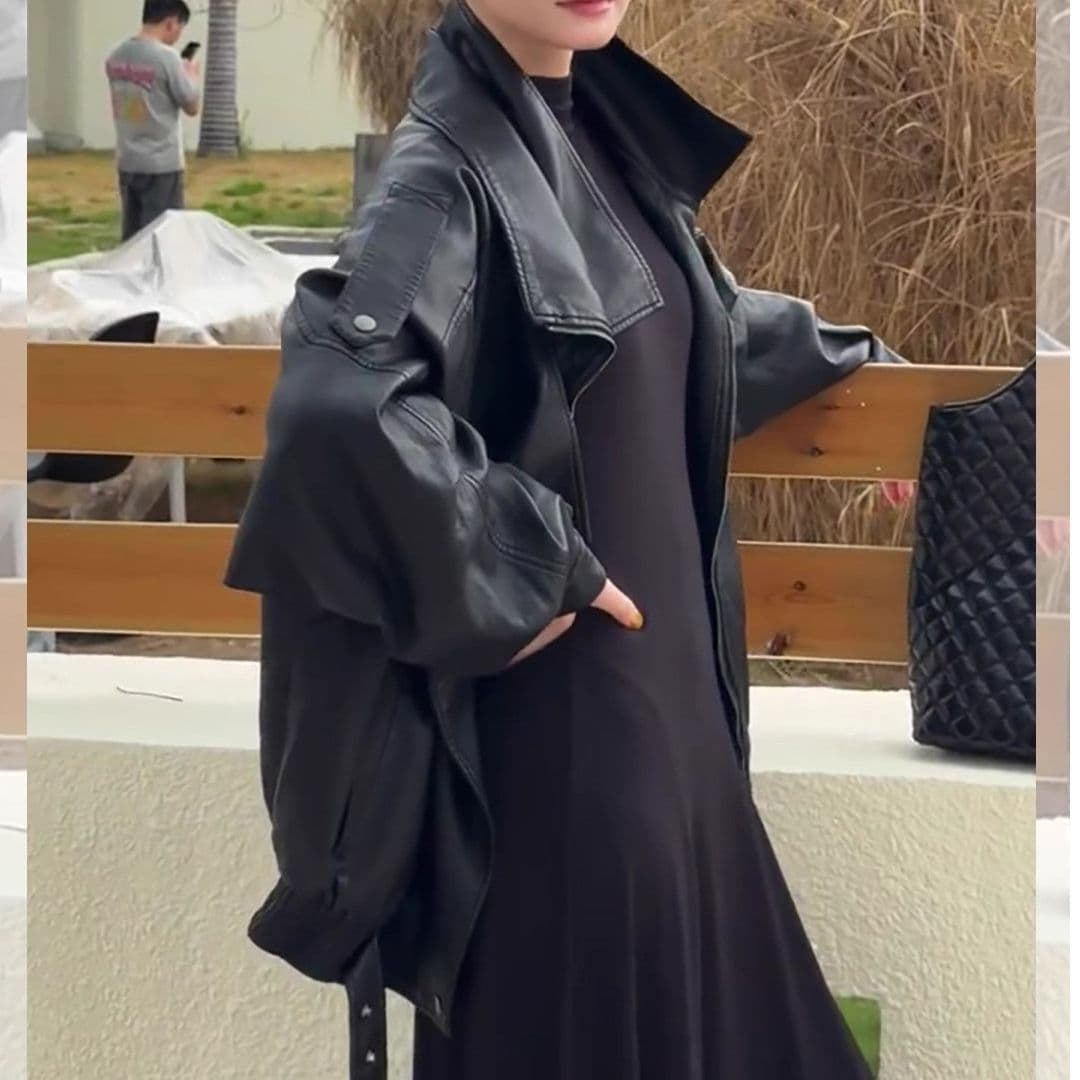 검정색 레트로 오토바이 폴로 칼라 pu 가죽 재킷 여성 코트 차가운 바람의 소리 바람 폭발 2025 봄 가을 새로운 가죽 자켓 맨위 이미지 2
