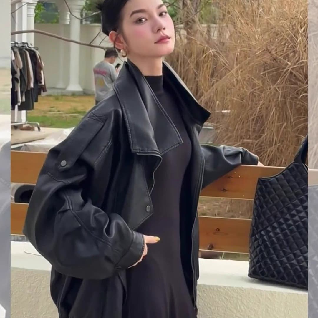 검정색 레트로 오토바이 폴로 칼라 pu 가죽 재킷 여성 코트 차가운 바람의 소리 바람 폭발 2025 봄 가을 새로운 가죽 자켓 맨위 이미지 5
