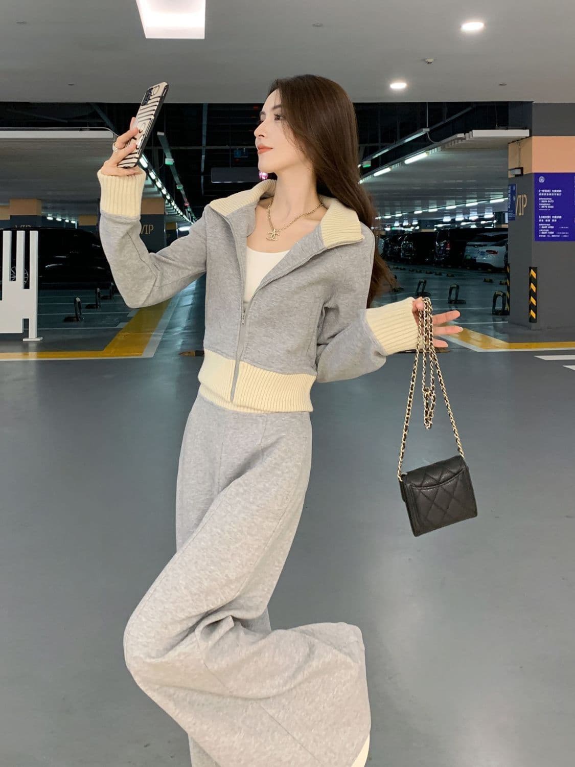 2026 새로운 아메리칸 레트로 연령 감소 슬림해 보이는 운동 오픈 가디건 후드티 하이웨이스트 와이드 레그 팬츠 투피스 세트 이미지 2