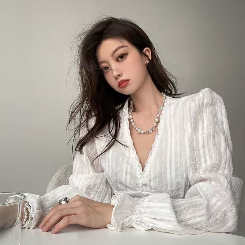 모달 260 그램 92 비스코스 섬유 8 암모니아 Lun u 칼라 긴팔 반 개방 칼라 티셔츠 여성 몸매 가꾸기 화이트 맨위 이미지 3