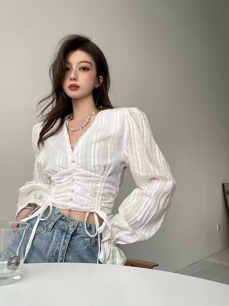 모달 260 그램 92 비스코스 섬유 8 암모니아 Lun u 칼라 긴팔 반 개방 칼라 티셔츠 여성 몸매 가꾸기 화이트 맨위 상세 이미지 1