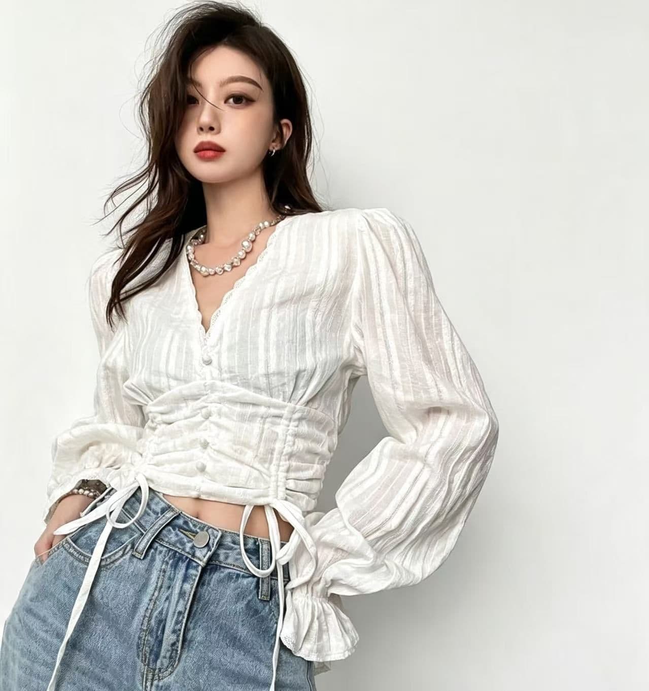 모달 260 그램 92 비스코스 섬유 8 암모니아 Lun u 칼라 긴팔 반 개방 칼라 티셔츠 여성 몸매 가꾸기 화이트 맨위 상세 이미지 2