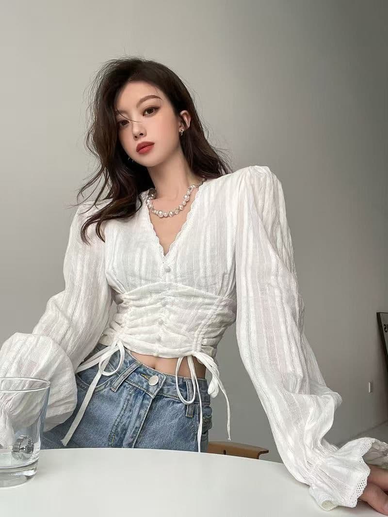 모달 260 그램 92 비스코스 섬유 8 암모니아 Lun u 칼라 긴팔 반 개방 칼라 티셔츠 여성 몸매 가꾸기 화이트 맨위 상세 이미지 3