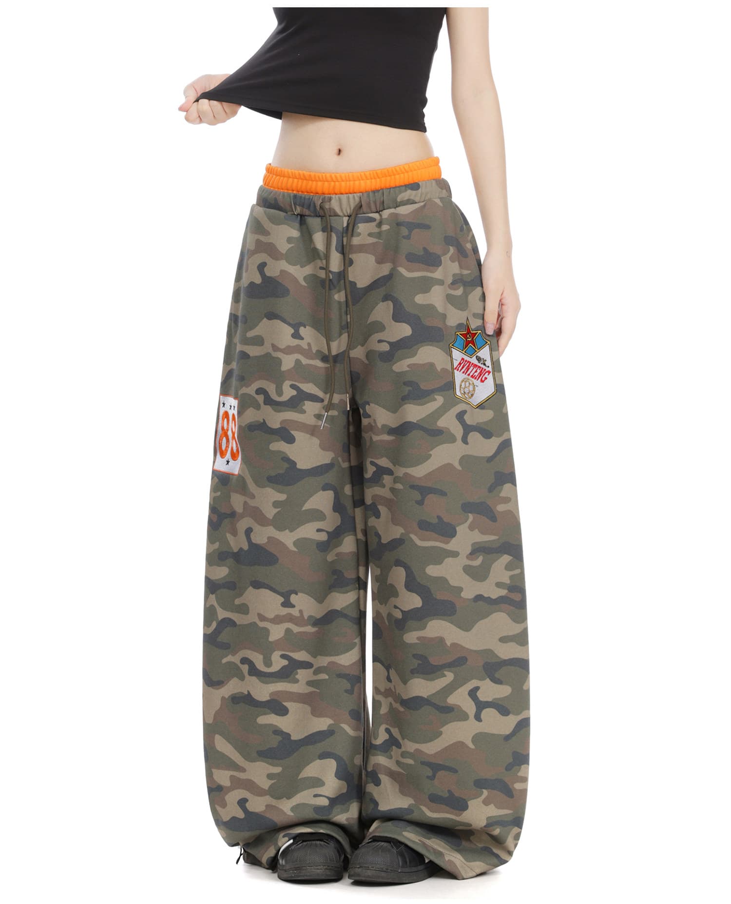 아메리칸 패치워크 더블 허리 머리 카모플라주 운동 웨이 바지 여성 루즈핏 핫걸 슬림해 보이는 재즈 댄스 넓은 다리 캐주얼 바지 상세 이미지 2