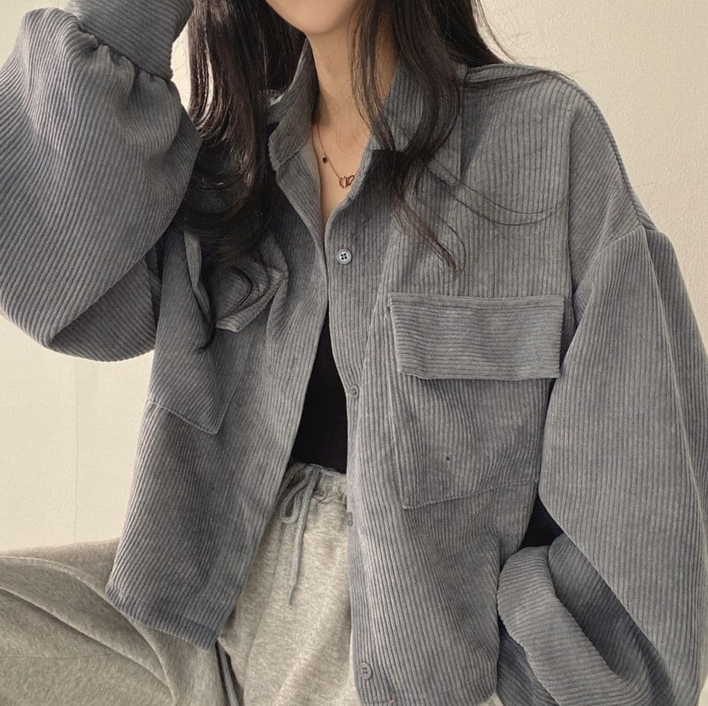 한국 chic 봄 가을 프랑스식 레트로 다용도 단추 폴로 칼라 쇼트 스타일 코듀로이 셔츠 긴팔 여성 코트 펌프 로프 상세 이미지 17