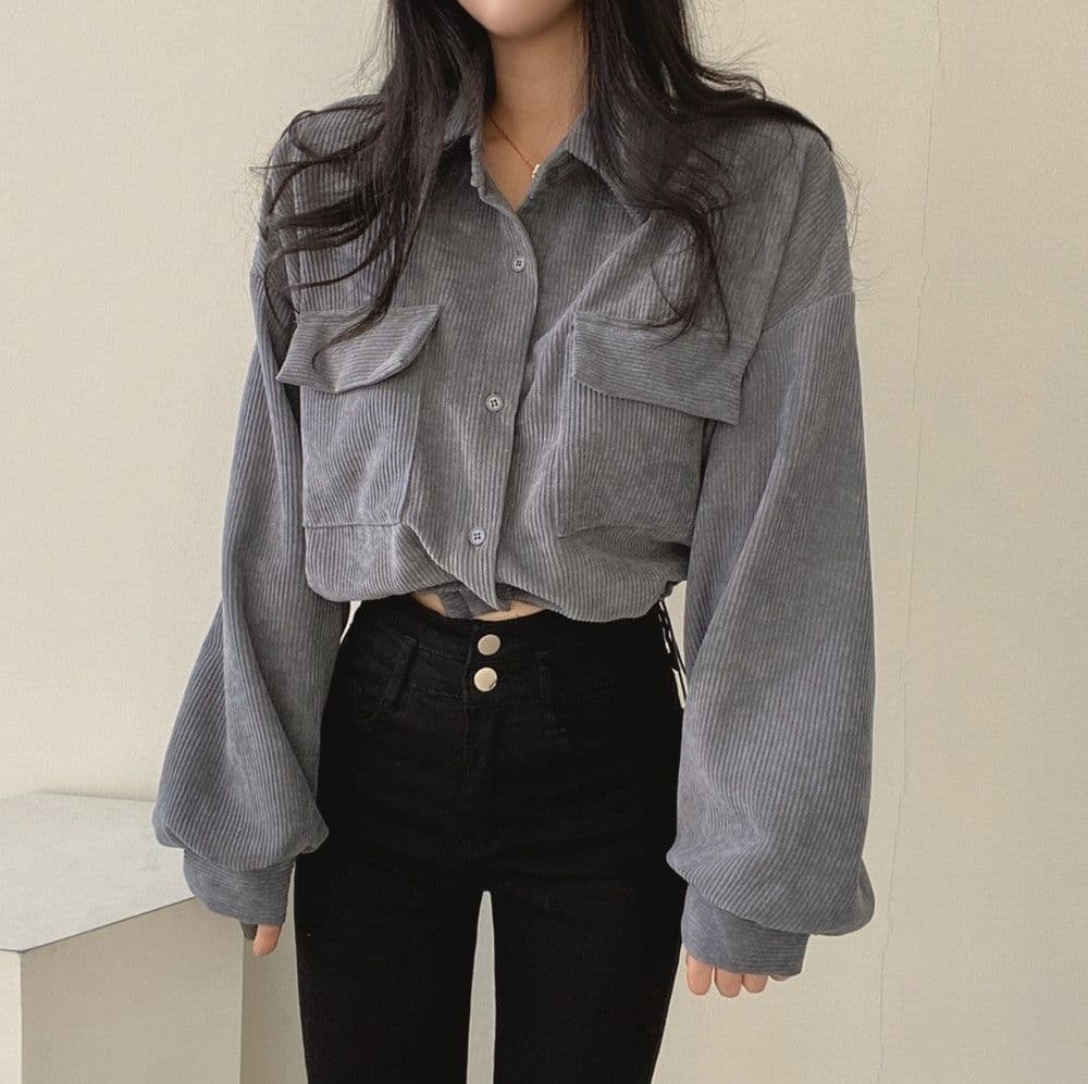 한국 chic 봄 가을 프랑스식 레트로 다용도 단추 폴로 칼라 쇼트 스타일 코듀로이 셔츠 긴팔 여성 코트 펌프 로프 상세 이미지 23