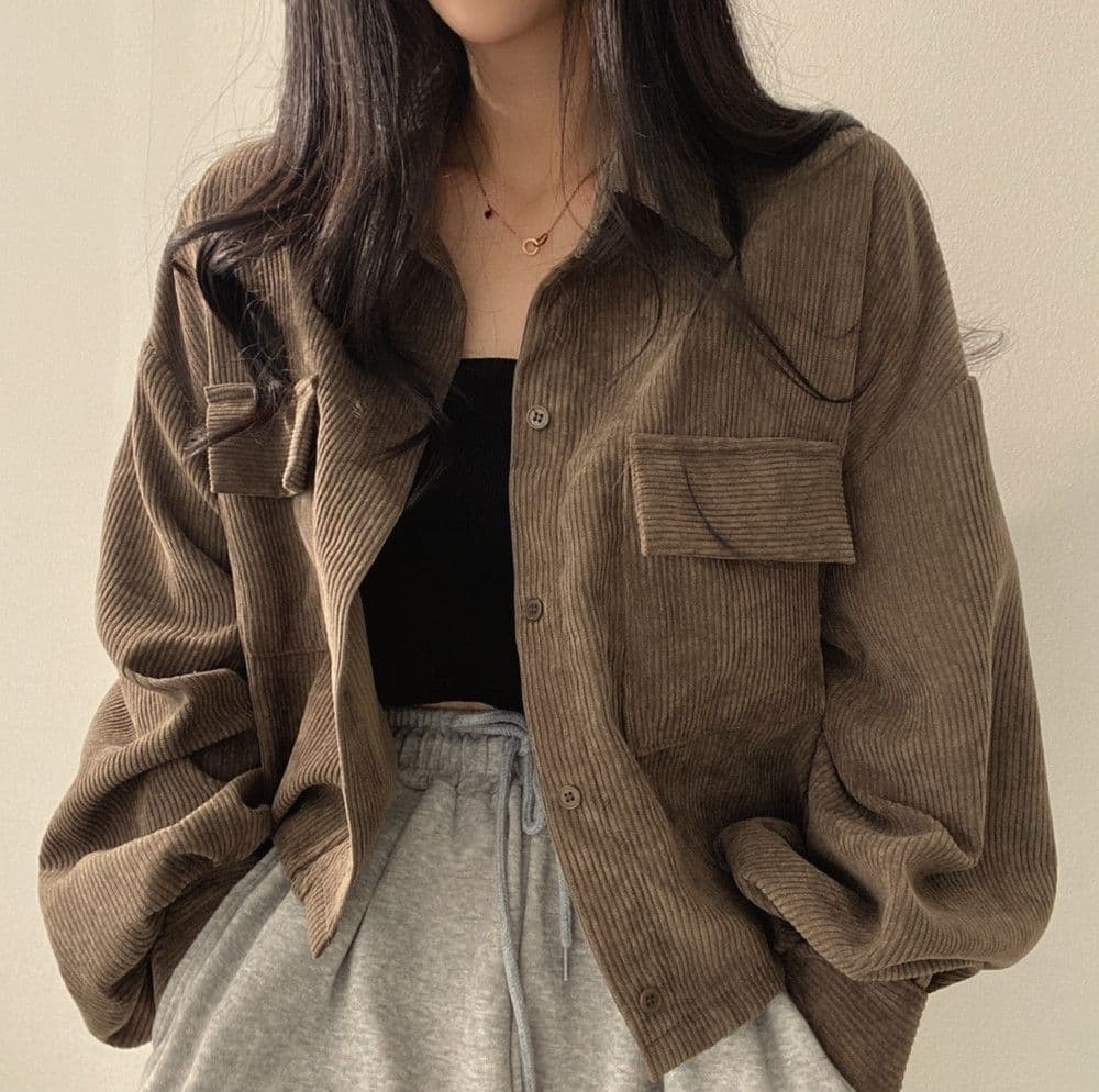 한국 chic 봄 가을 프랑스식 레트로 다용도 단추 폴로 칼라 쇼트 스타일 코듀로이 셔츠 긴팔 여성 코트 펌프 로프 상세 이미지 25