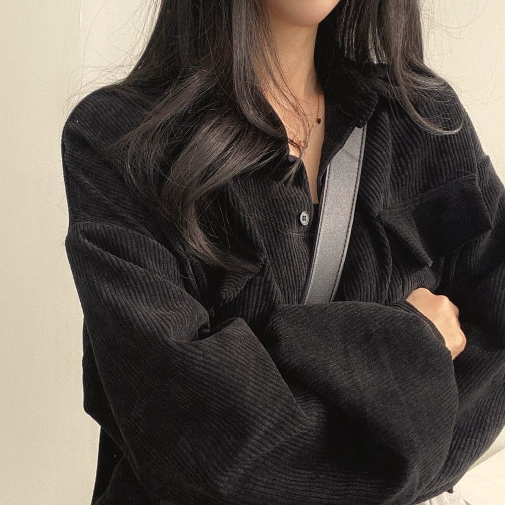 한국 chic 봄 가을 프랑스식 레트로 다용도 단추 폴로 칼라 쇼트 스타일 코듀로이 셔츠 긴팔 여성 코트 펌프 로프 상세 이미지 33